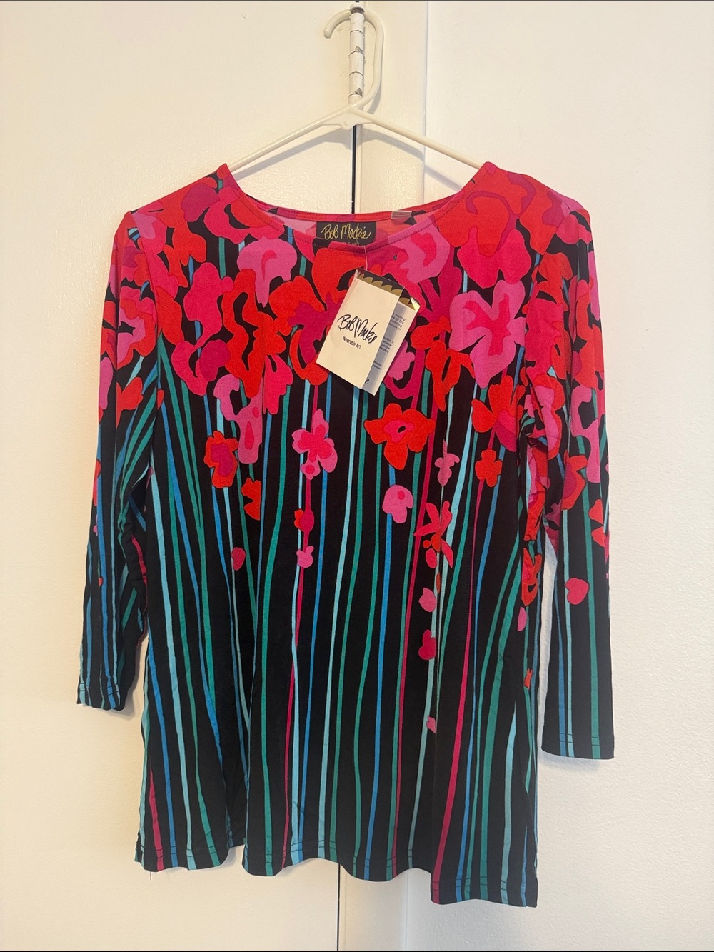 Bob Mackie Pink Red Floral Stripe Blouse